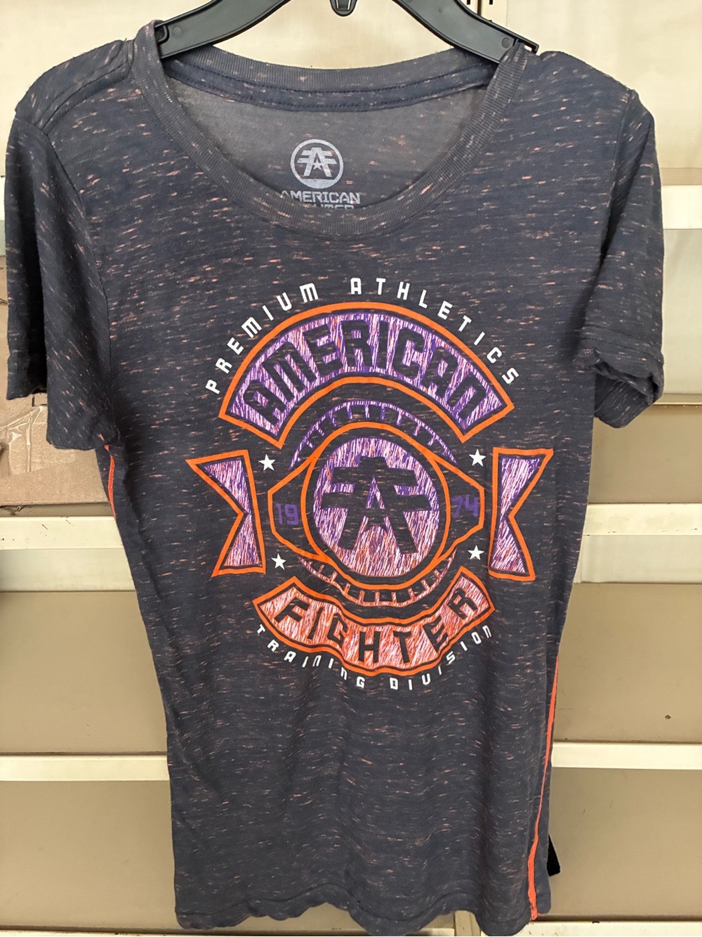 American Fighter Heather Charcoal Tee with Purple & Orange Graphic